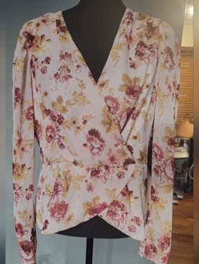 Express Blush Pink Floral Wrap Blouse with Gold Accents